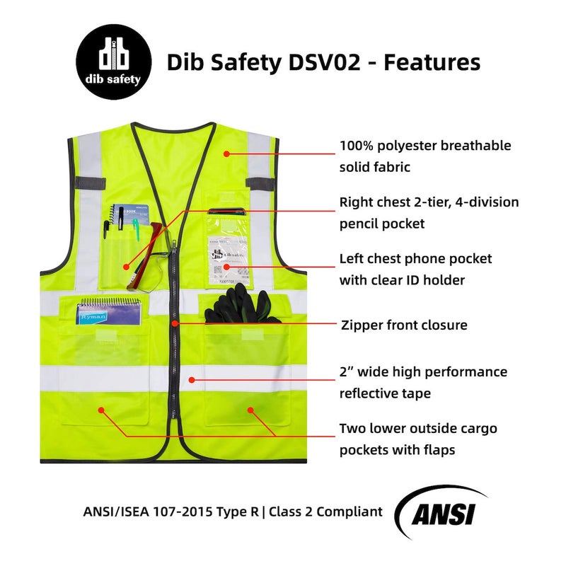Dib Safety Reflective Vest ANSI Class 2, High Visibility Vest with Pockets and Zipper, Hi Vis Yellow XL - Image 4